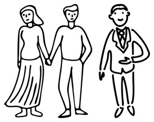 Obraz premium Three human in simple black art, one couple holding hands, another man in suit smiling, minimalist graphic style, vector illustration.