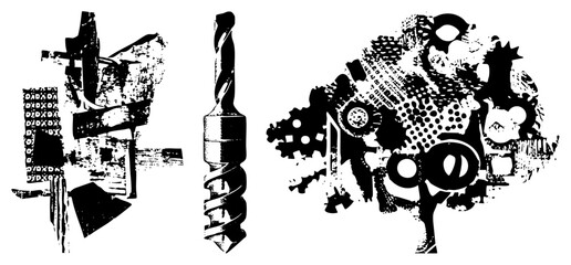Obraz premium Vector graphic of stylized drill bit, wrench, and gear collage mechanical shapes with halftone texture, isolated technical for design use.