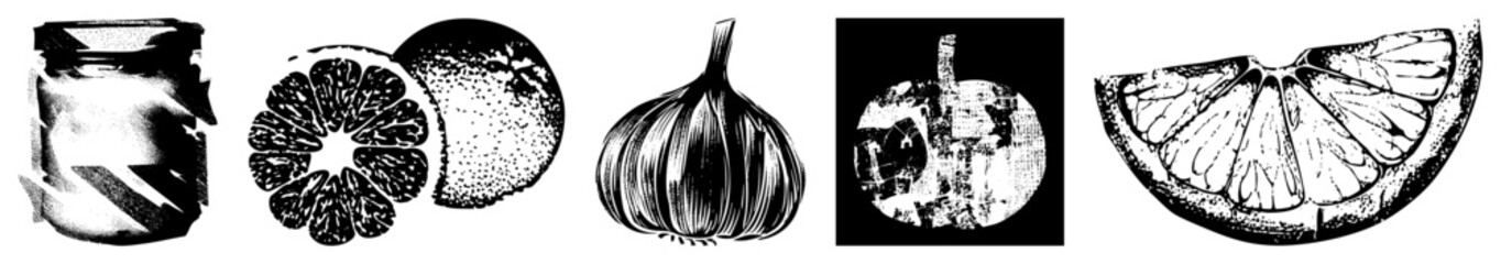 Obraz premium Black and white halftone illustrations of preserved jar, citrus fruit, garlic, and citrus wedge, vector art, food, graphic design elements.