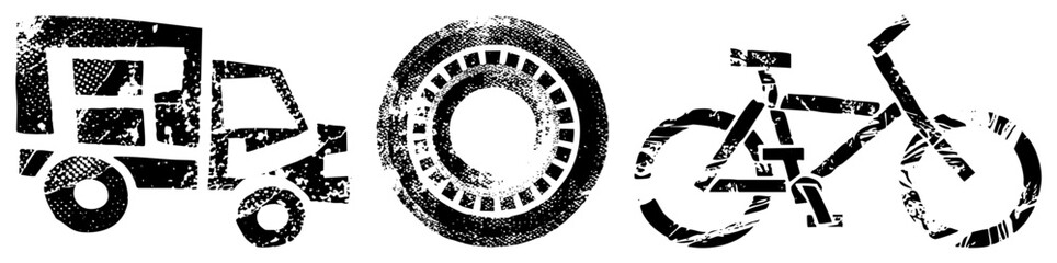 Obraz premium Distressed black vector of car, tire, and bicycle with halftone texture, urban design elements, gritty aesthetic, isolated symbols for branding or UI.