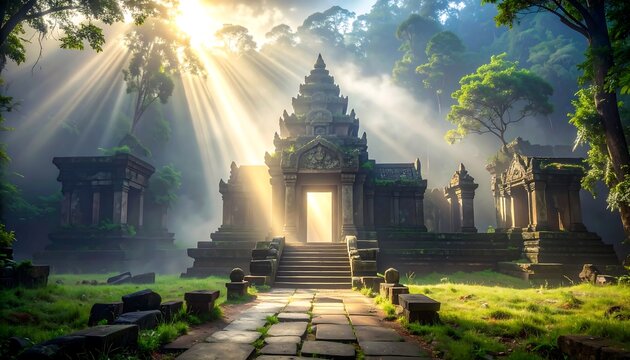 Sun rays stream through a misty forest, illuminating an ancient stone temple ruin in a dense, green jungle setting