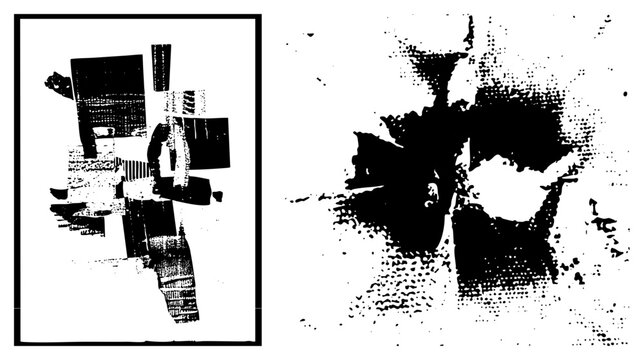 Fragmented geometric forms with halftone, abstract vector art, stylized graphic design, black and white composition, digital collage effect.