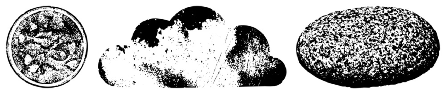 Grained stone shapes rendered in halftone, circular, cloud like, oval forms, vector art, isolated geological elements.