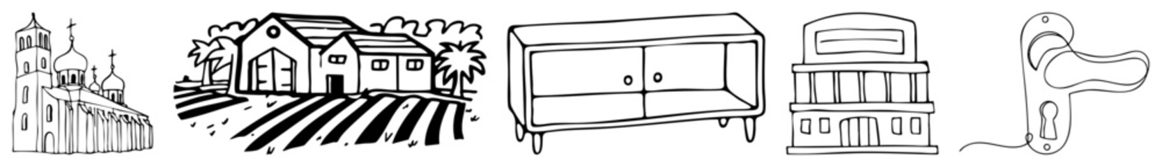 Black vector of church, farmhouse, cabinet, building, door handle clean, isolated, stylized silhouettes for UI or branding.