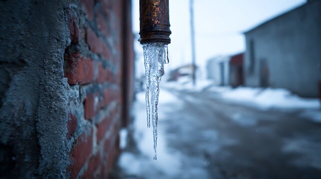 A single icicle hangs from a rusty downspout against a bleak winter village.
