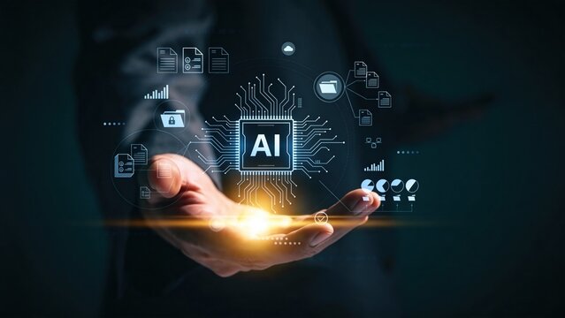 Artificial intelligence platform displayed on transparent tablet,neural network data visualization above hand,advanced digital transformation and analytics concept