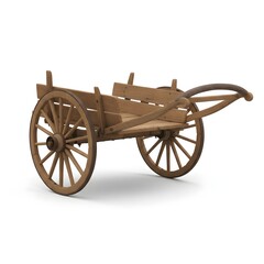 Fototapeta premium Old-fashioned wooden cart with large wheels isolated on white background. Rustic transport and agriculture concept.
