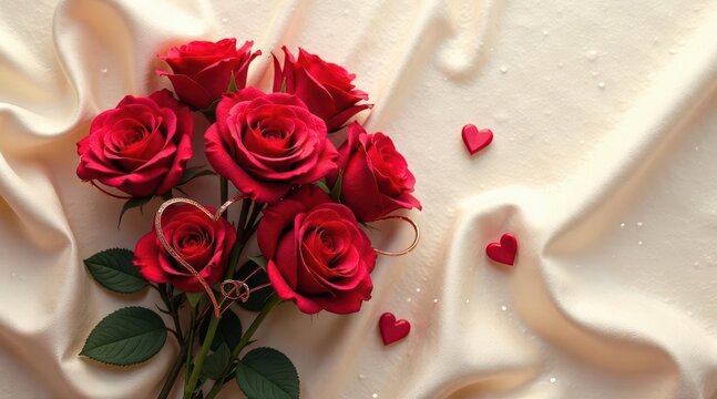 A Romantic Bouquet of Crimson Roses Adorned with Delicate Gold Accents Resting on Soft Cream Fabric, Enhanced with Scattered Small Hearts
