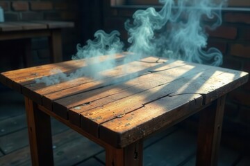 Mysterious Smoke Enveloping a Rustic Wooden Table Outdoors in the Sunlight