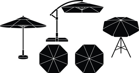 Beach and patio umbrella icons set with standing parasol garden sunshade outdoor furniture silhouette vector illustration © Alexander
