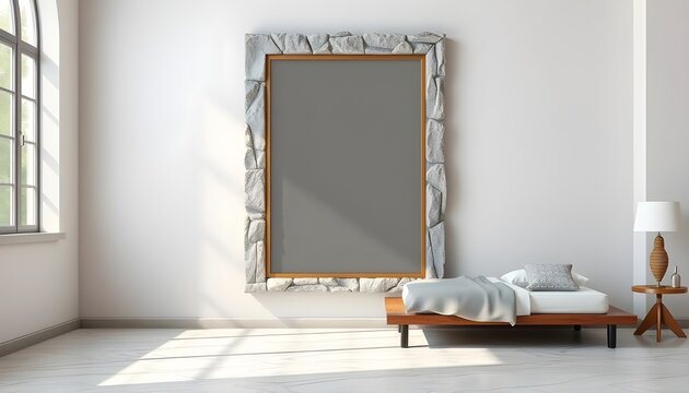 Minimalist bedroom interior with low wooden bed frame, white bedding, marble-textured mirror with gold border, natural light streaming through arched window, modern aesthetic, soft shadows, serene atm