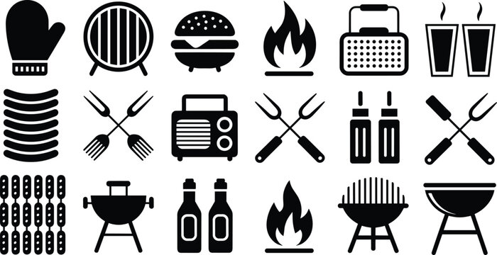 Barbecue grill icon collection, BBQ food and cooking tools silhouette set with burger, sausages, fire flame, radio, drinks and utensils symbols