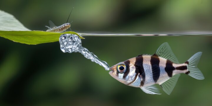 Archerfish shooting water at insect on leaf close up selective focus nature wildlife behavior concept with green aquatic background