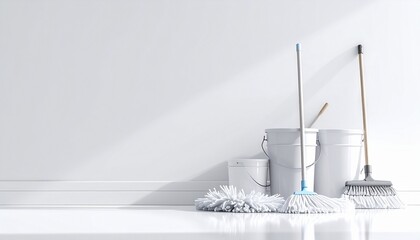 白い背景に整然と並んだモップとバケツの清掃道具セット