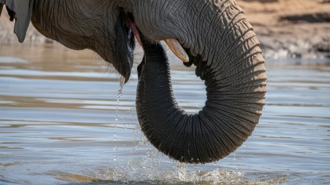 African elephant trunk drinking water at river close up wildlife nature photography for conservation and safari travel design