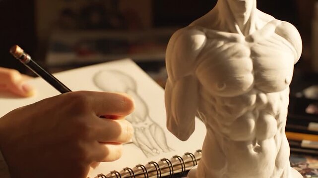 Artist drawing human anatomy sculpture.
