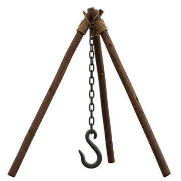 Rustic wooden gantry with chain and hook isolated on transparent background