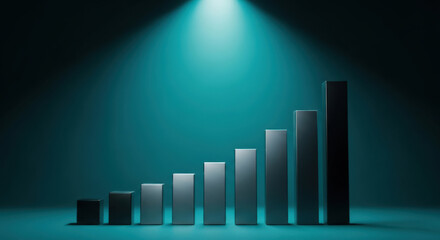 Ascending Bar Graph Illustration on Teal Background: Depicting Business Growth, Progress, and Success with Increasing Heights of Metallic Bars