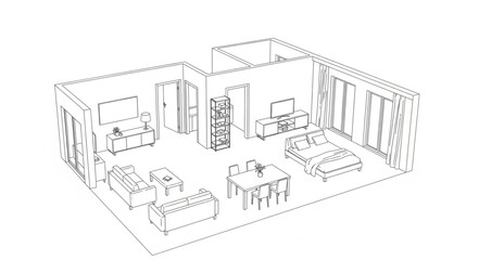 Interior design sketch of a modern living room layout.