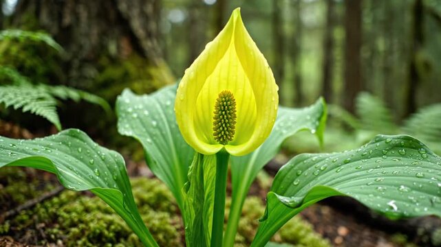 Vibrant yellow skunk cabbage flower in lush green forest