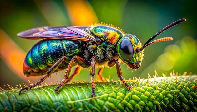 Close-up of a vibrantly colored insect with iridescent body, perched on a textured green surface. Details of eyes & antennae are evident