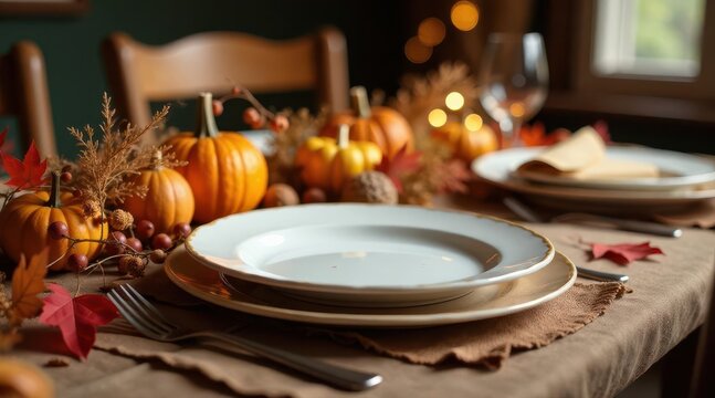 Autumnal Harvest Table Setting  Elegantly Arranged Dinnerware with Gourds and Fall Foliage