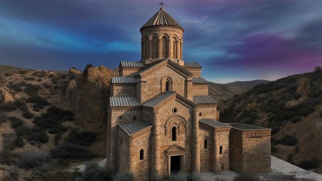 Ancient stone church on hilltop landscape.