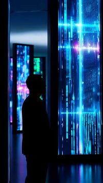 visitor wandering through data pillar corridor, silhouette reflected on glossy floor amid vertical LED displays, immersive blue visuals and serverlike structures, concept of tech