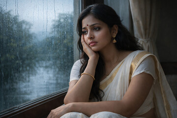 Thoughtful Indian Woman Looking Through Rainy Window &ndash; Emotional Portrait in Natural Light