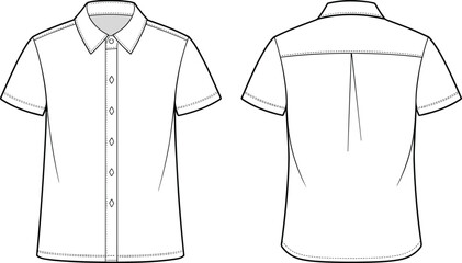 Women short sleeve button down shirt CAD drawing, front and back view technical fashion flat vector illustration template © SREECHNA