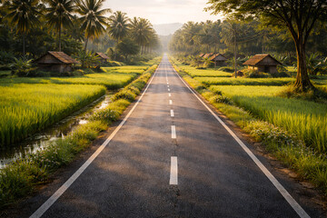 Scenic Rural Road Through Lush Green Rice Fields and Palm Trees at Sunrise