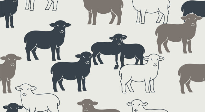 Minimalist sheep seamless pattern, hand drawn livestock illustration in neutral tones, repeating farm animal background for textile design