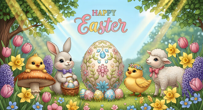 Easter celebration with cute animals and colorful eggs in a garden.