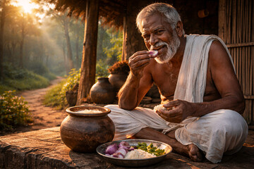 Elderly Indian Man Enjoying Simple Village Meal at Sunrise &ndash; Authentic Rural Lifestyle Portrait