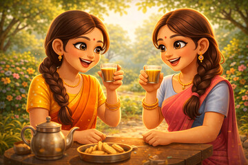 Cheerful Indian Women Enjoying Tea Together in a Sunny Garden &ndash; 3D Cartoon Illustration