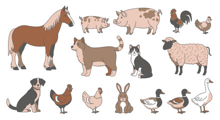 Obraz premium Collection of cute cartoon farm and domestic animals