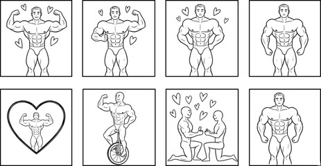 Muscular male bodybuilder line art set featuring competition poses heart symbols a man on a unicycle and a romantic marriage proposal for fitness and lifestyle © MstShefaly