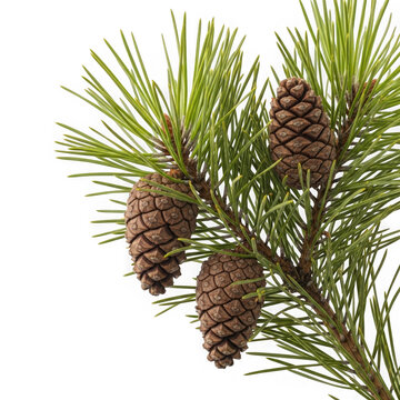 3d pine cones and needles on branch isolated on transparent background