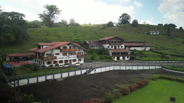 Aerial of hotel and restaurant on Route 142 along Lake Arenal in Costa Rica
