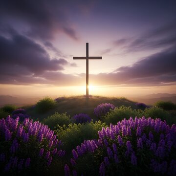 Good friday reflection a symbolic cross at sunset with purple flowers