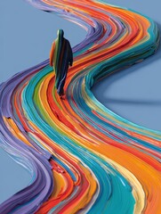 Figure Walking on Flowing Color Path