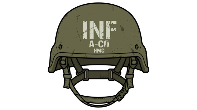 Military helmet with 'INF A-CO HMC' markings, isolated on white background