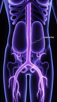 Futuristic CGI visualization of the human lymphatic system highlighting purple lymph vessels and nodes against a dark background suitable for medical education