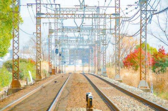 線路の先に広がる秋空