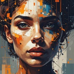 A woman's face with a mix of geometric shapes and abstract patterns