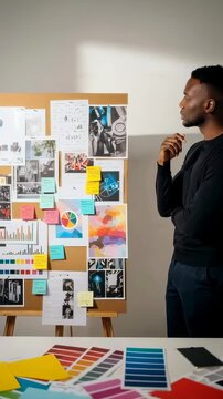 Black designer studies moodboard and swatches in sunlit studio, easel pinned with sketches, photographs and sticky notes, table scattered with palette samples and fabric chips, contemplative