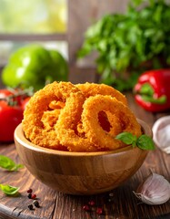 A wooden bowl of crispy fried onion rings on a rustic table surrounded by vegetables