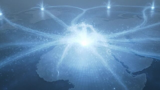 A dark blue world map with illuminated points and lines indicating global connections.