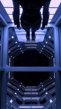 astronaut walking through illuminated airlock corridor toward starfield, silhouetted figure with helmet and suit, reflective visor, blue interior lighting and metallic bulkheads creating