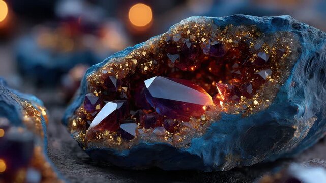 Luxurious garnet geode with precious crystals inside dark blue rock